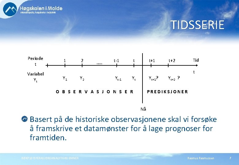 TIDSSERIE Periode t Variabel Yt 1 2 …. . t-1 t t+1 Tid t+2