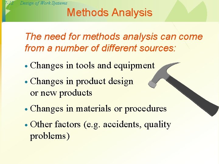 7 -12 Design of Work Systems Methods Analysis The need for methods analysis can