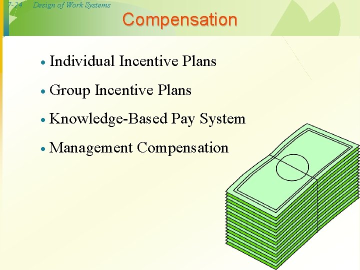 7 -24 Design of Work Systems Compensation · Individual Incentive Plans · Group Incentive