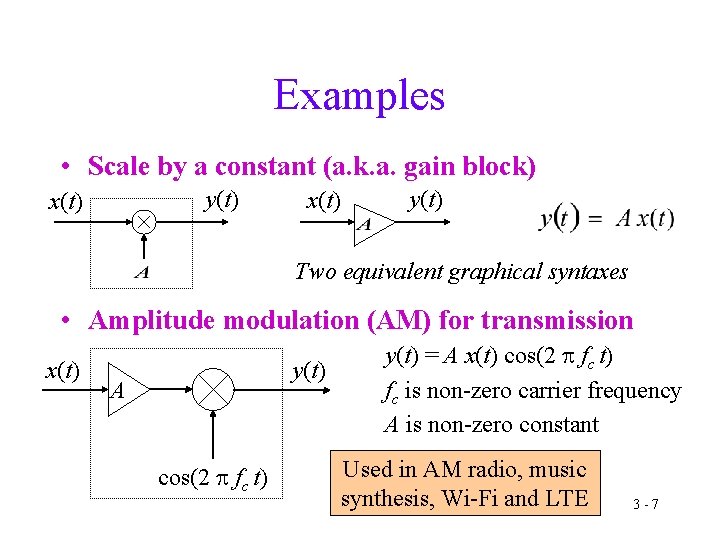 Examples • Scale by a constant (a. k. a. gain block) y(t) x(t) y(t)