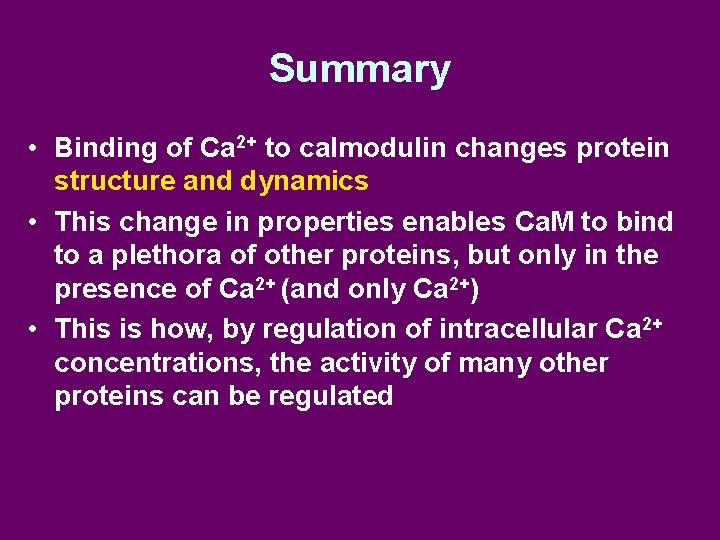 Summary • Binding of Ca 2+ to calmodulin changes protein structure and dynamics •