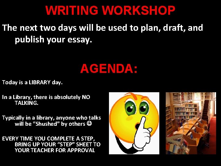 WRITING WORKSHOP The next two days will be used to plan, draft, and publish