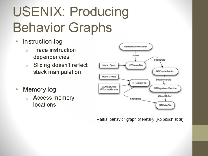 USENIX: Producing Behavior Graphs • Instruction log o o Trace instruction dependencies Slicing doesn't