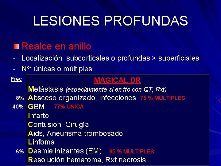 LESIONES PROFUNDAS Realce en anillo - Localización: subcorticales o profundas > superficiales - Nº: