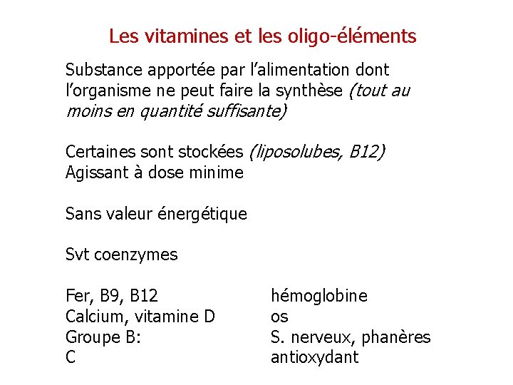 Les vitamines et les oligo-éléments Substance apportée par l’alimentation dont l’organisme ne peut faire