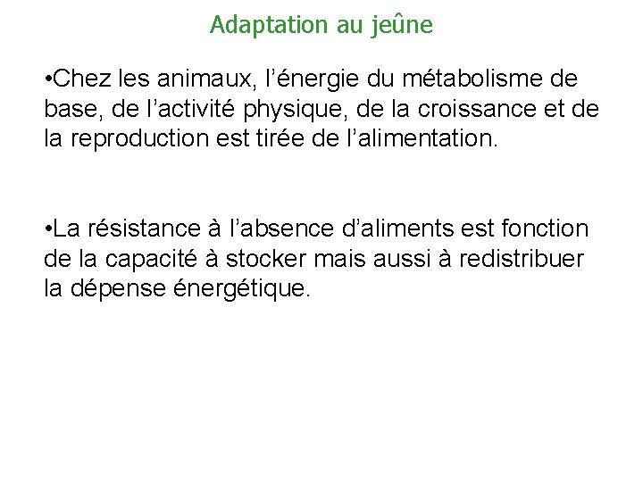 Adaptation au jeûne • Chez les animaux, l’énergie du métabolisme de base, de l’activité