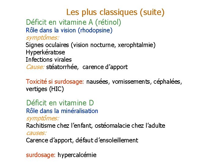 Les plus classiques (suite) Déficit en vitamine A (rétinol) Rôle dans la vision (rhodopsine)