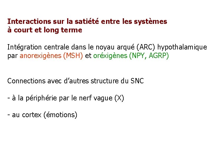 Interactions sur la satiété entre les systèmes à court et long terme Intégration centrale