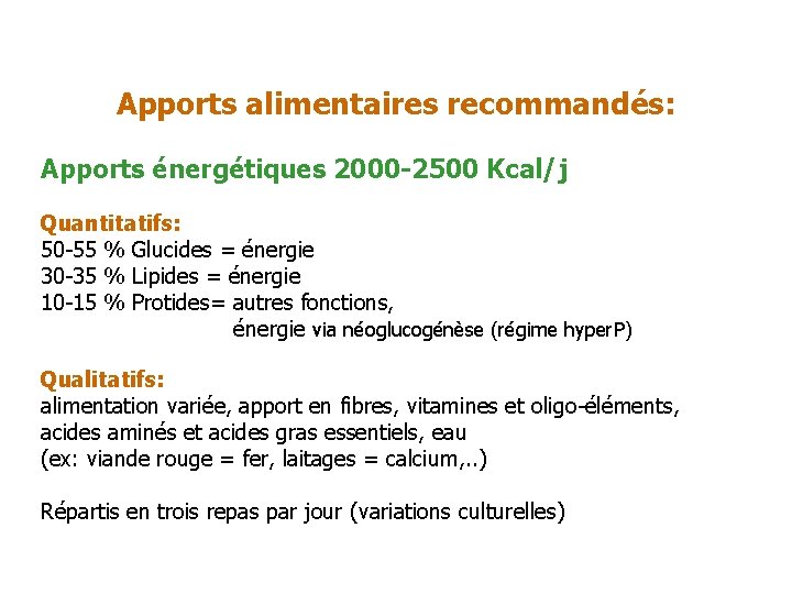 Apports alimentaires recommandés: Apports énergétiques 2000 -2500 Kcal/j Quantitatifs: 50 -55 % Glucides =