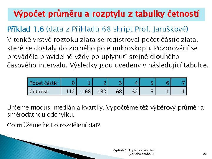 Výpočet průměru a rozptylu z tabulky četností Příklad 1. 6 (data z Příkladu 68