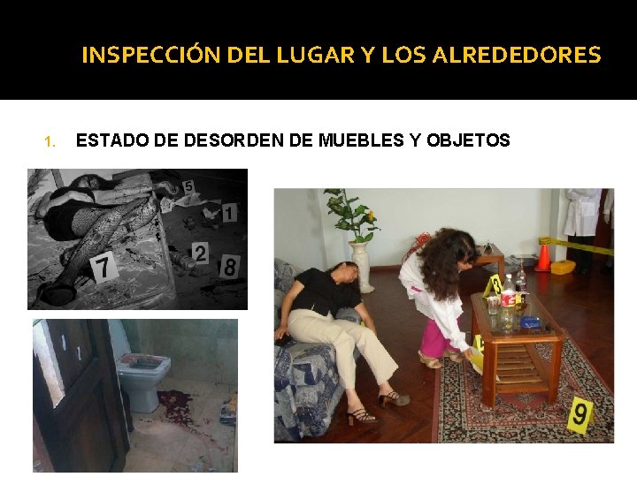 INSPECCIÓN DEL LUGAR Y LOS ALREDEDORES 1. ESTADO DE DESORDEN DE MUEBLES Y OBJETOS INSPECCIÓN DEL LUGAR Y LOS ALREDEDORES 1. ESTADO DE DESORDEN DE MUEBLES Y OBJETOS