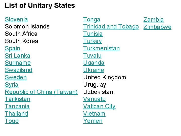 List of Unitary States Slovenia Solomon Islands South Africa South Korea Spain Sri Lanka