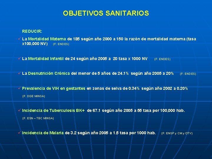 OBJETIVOS SANITARIOS REDUCIR: ü La Mortalidad Materna de 185 según año 2000 a 150