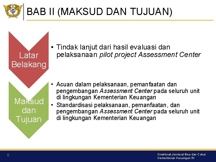 BAB II (MAKSUD DAN TUJUAN) Latar Belakang Maksud dan Tujuan 6 • Tindak lanjut