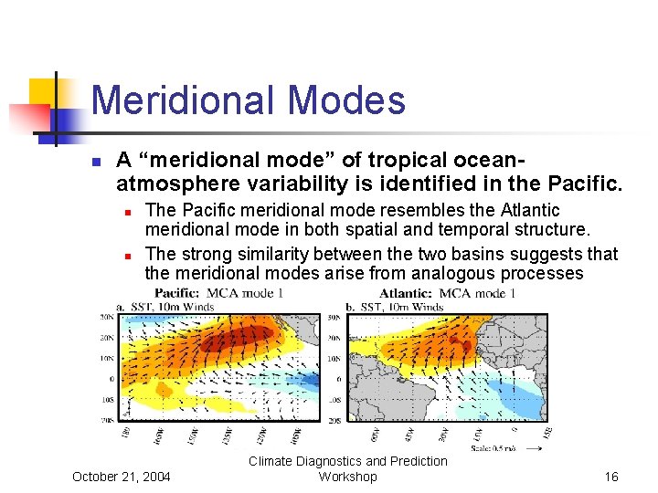 Meridional Modes n A “meridional mode” of tropical oceanatmosphere variability is identified in the