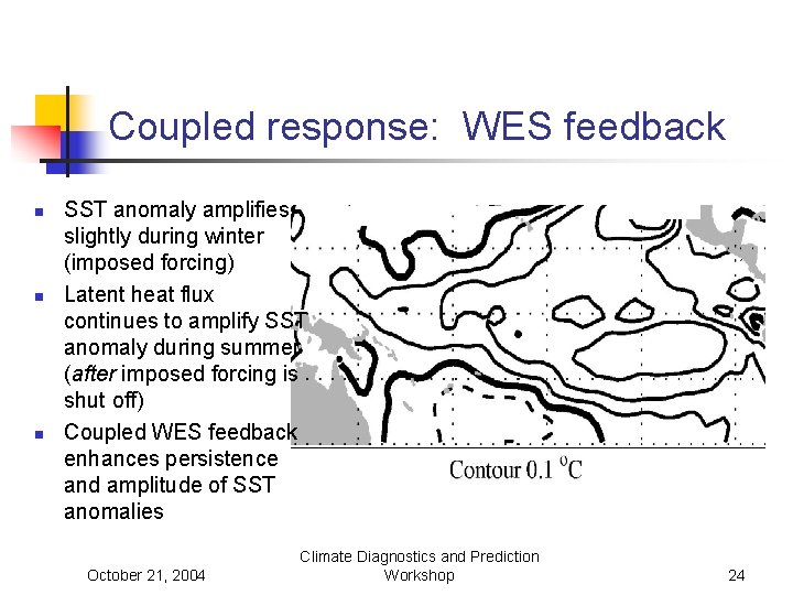 Coupled response: WES feedback n n n SST anomaly amplifies slightly during winter (imposed