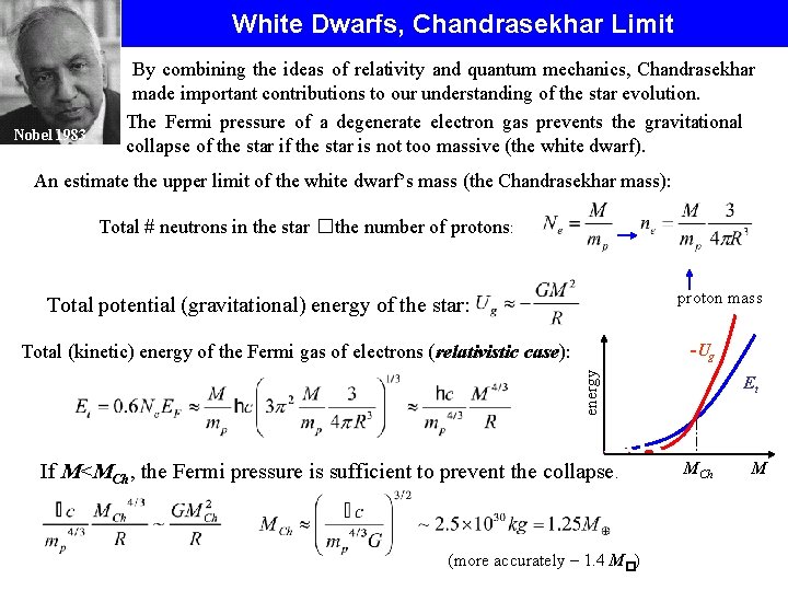 White Dwarfs, Chandrasekhar Limit Nobel 1983 By combining the ideas of relativity and quantum