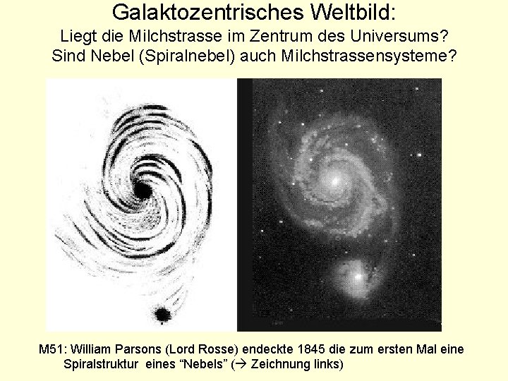 Galaktozentrisches Weltbild: Liegt die Milchstrasse im Zentrum des Universums? Sind Nebel (Spiralnebel) auch Milchstrassensysteme?