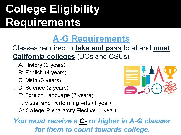 College Eligibility Requirements A-G Requirements Classes required to take and pass to attend most