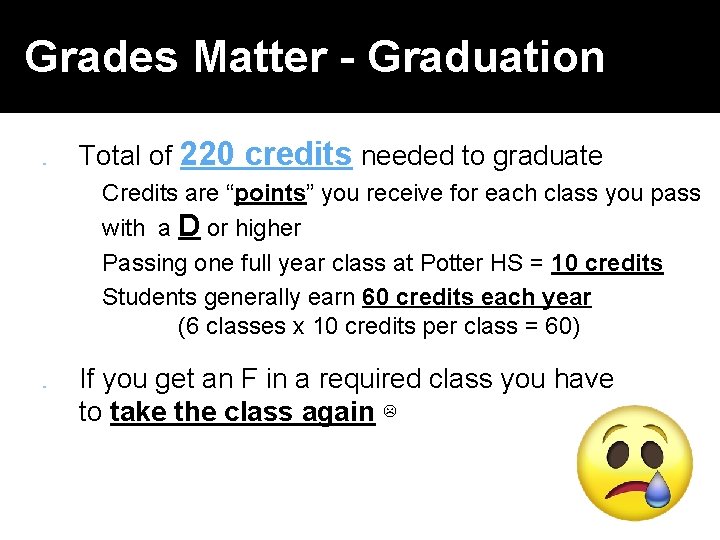 Grades Matter - Graduation Total of 220 credits needed to graduate � ▪ ▪