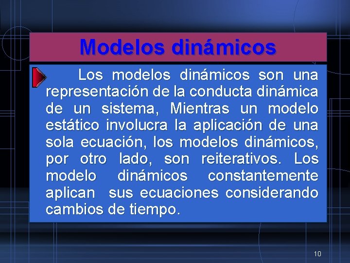 Modelos dinámicos Los modelos dinámicos son una representación de la conducta dinámica de un