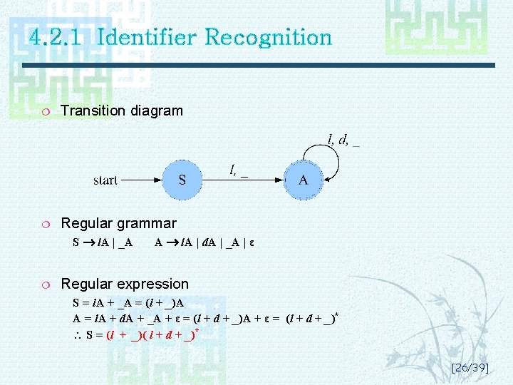 4. 2. 1 Identifier Recognition ¦ Transition diagram ¦ Regular grammar S l. A