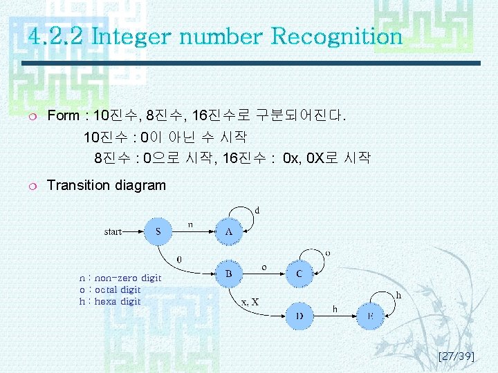 4. 2. 2 Integer number Recognition ¦ Form : 10진수, 8진수, 16진수로 구분되어진다. 10진수