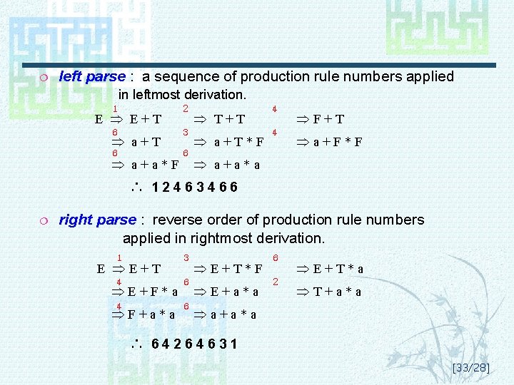 ¦ left parse : a sequence of production rule numbers applied in leftmost derivation.