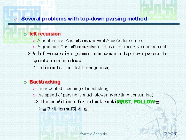 ¦ Several problems with top-down parsing method ¦ left recursion ¦ ¦ A nonterminal