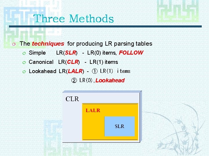 Three Methods ¦ The techniques for producing LR parsing tables ¦ Simple LR(SLR) -