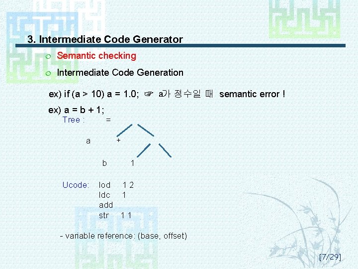 3. Intermediate Code Generator ¦ Semantic checking ¦ Intermediate Code Generation ex) if (a