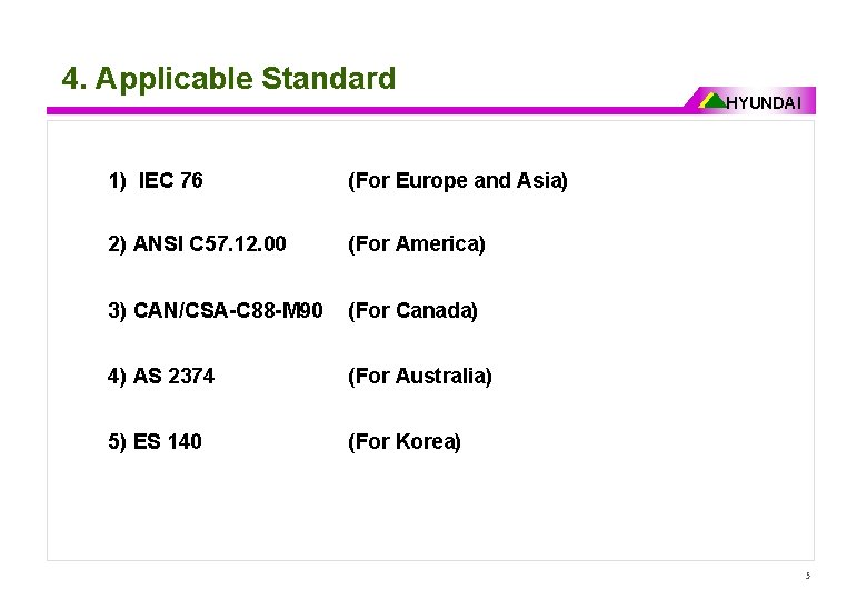 4. Applicable Standard 1) IEC 76 (For Europe and Asia) 2) ANSI C 57.