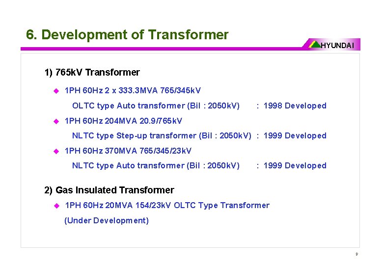 6. Development of Transformer HYUNDAI 1) 765 k. V Transformer u 1 PH 60