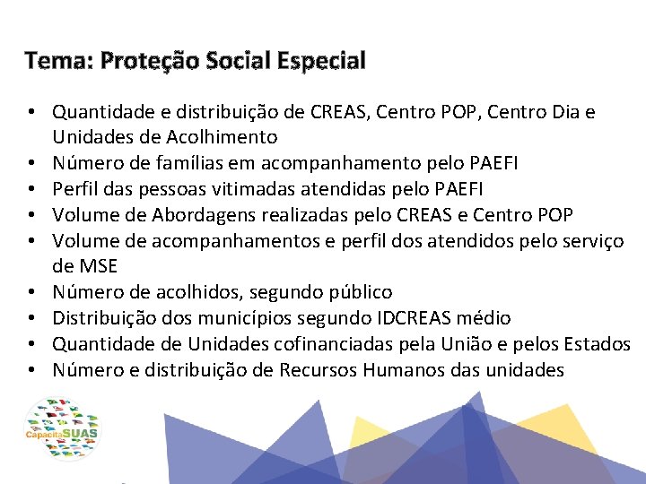 Tema: Proteção Social Especial • Quantidade e distribuição de CREAS, Centro POP, Centro Dia