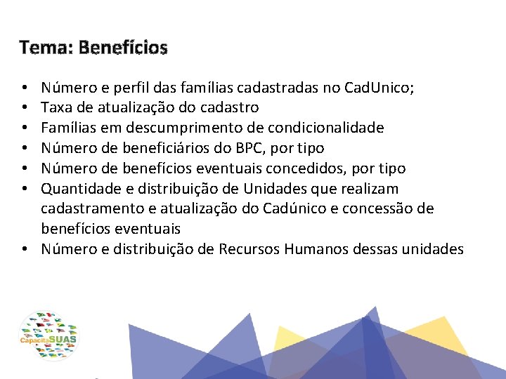 Tema: Benefícios Número e perfil das famílias cadastradas no Cad. Unico; Taxa de atualização