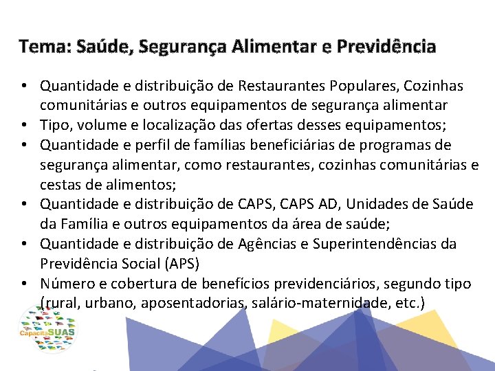 Tema: Saúde, Segurança Alimentar e Previdência • Quantidade e distribuição de Restaurantes Populares, Cozinhas