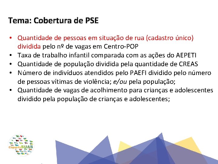 Tema: Cobertura de PSE • Quantidade de pessoas em situação de rua (cadastro único)