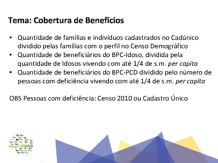 Tema: Cobertura de Benefícios • Quantidade de famílias e indivíduos cadastrados no Cadúnico dividido