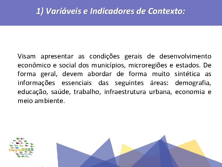 1) Variáveis e Indicadores de Contexto: Visam apresentar as condições gerais de desenvolvimento econômico