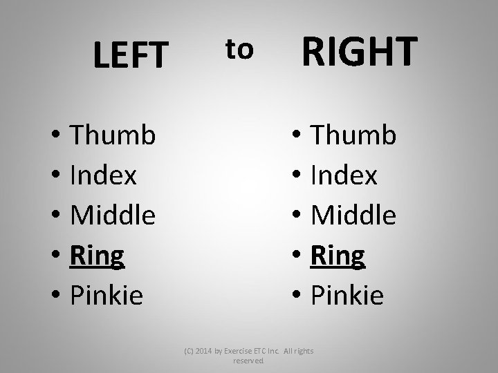 LEFT • Thumb • Index • Middle • Ring • Pinkie to RIGHT •