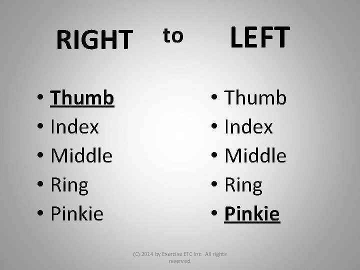 RIGHT • Thumb • Index • Middle • Ring • Pinkie LEFT to •