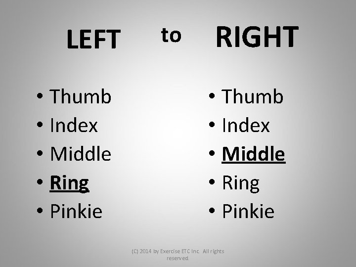 LEFT • Thumb • Index • Middle • Ring • Pinkie to RIGHT •