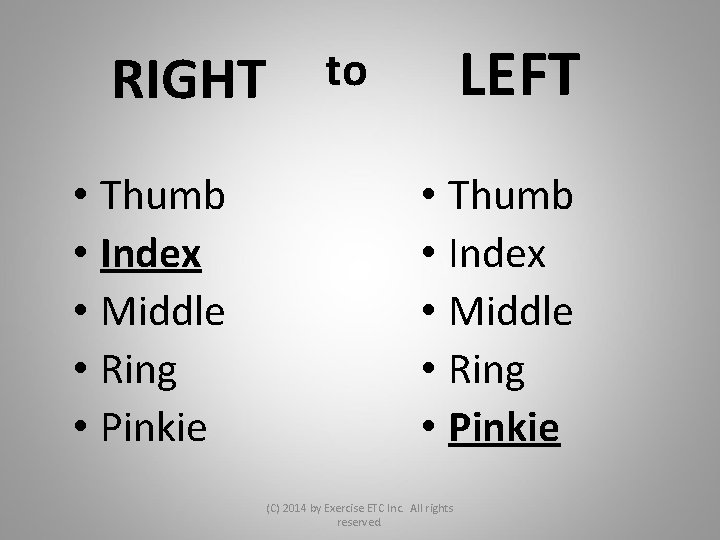 RIGHT • Thumb • Index • Middle • Ring • Pinkie LEFT to •