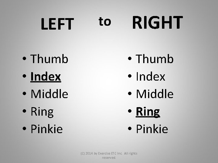 LEFT • Thumb • Index • Middle • Ring • Pinkie to RIGHT •