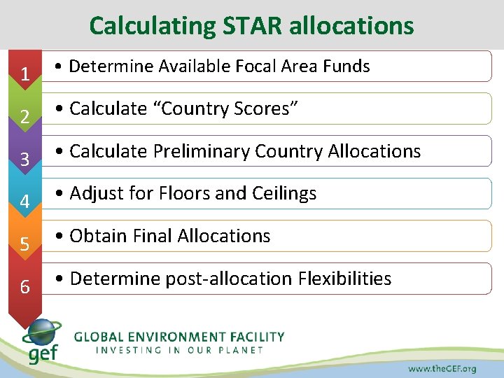 Calculating STAR allocations 1 • Determine Available Focal Area Funds 2 • Calculate “Country