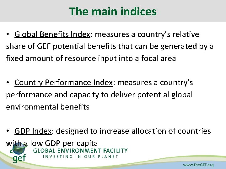 The main indices • Global Benefits Index: measures a country’s relative share of GEF