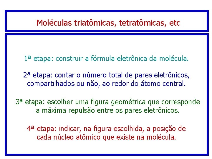 Moléculas triatômicas, tetratômicas, etc 1ª etapa: construir a fórmula eletrônica da molécula. 2ª etapa: Moléculas triatômicas, tetratômicas, etc 1ª etapa: construir a fórmula eletrônica da molécula. 2ª etapa: