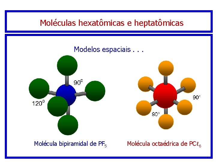 Moléculas hexatômicas e heptatômicas Modelos espaciais. . . Molécula bipiramidal de PF 5 Molécula Moléculas hexatômicas e heptatômicas Modelos espaciais. . . Molécula bipiramidal de PF 5 Molécula