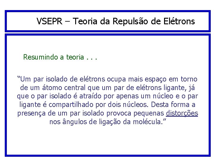 VSEPR – Teoria da Repulsão de Elétrons Resumindo a teoria. . . “Um par VSEPR – Teoria da Repulsão de Elétrons Resumindo a teoria. . . “Um par