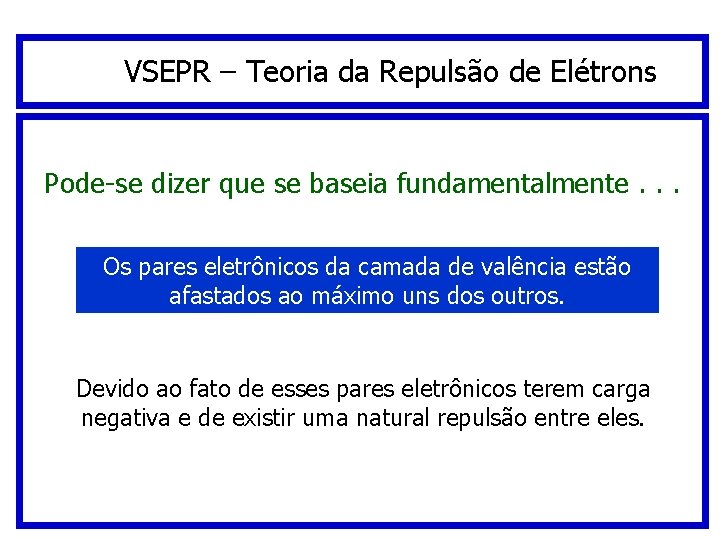 VSEPR – Teoria da Repulsão de Elétrons Pode-se dizer que se baseia fundamentalmente. . VSEPR – Teoria da Repulsão de Elétrons Pode-se dizer que se baseia fundamentalmente. .